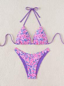 SHEIN 2 件套女士休闲随机印花双面露背上衣和可爱短裤比基尼套装，适合度假海滩 - 彩色 - 查看 3