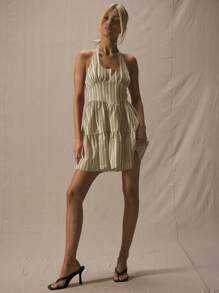 MUSERA Halterneck Fitted Bodice Two Tier Striped Mini Dress Spring Summer Cute Vacation - Brown - View 5