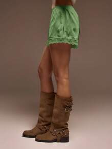 MUSERA Elasticated Satin Pull On Lace Trim Shorts Cute Summer Vacation Boho Summer Cute Fall Autumn Winter Holiday - Green - View 4