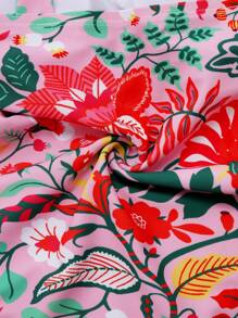 Swim Oasis 加大码 2 件热带植物印花连体泳衣和长款荷叶边下摆沙滩裙套装，高端女士夏季波西米亚海滩度假泳装