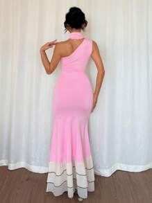 Chiquease 优雅性感纯色荷叶边不对称设计美人鱼连衣裙