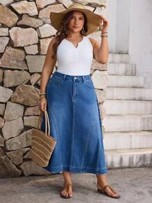 EMERY ROSE Plus Size Denim Casual Holiday Skirt, Spring - Dark Wash - View 6