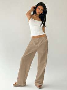 Easelle Casual Camel Women's Washed Cotton Straight Leg Low Waist Pants Business Casual Woman - Camel - View 3