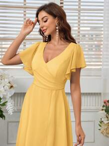 SHEIN Belle Váy phù dâu bằng vải chiffon xẻ cao cổ chữ V thanh lịch dành cho nữ - Màu vàng - Xem 4