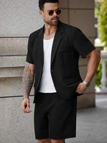Manfinity Homme Plus Size Men Lapel Neck Shirt And Shorts Suit Set