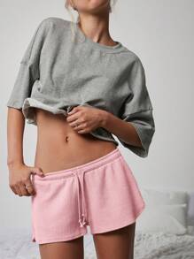 Cute Mid Rise Tie Front Textured Knit Lounge Shorts - Pink - View 6