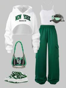 SHEIN Conjunto informal de 3 piezas para adolescentes: Sudadera de punto con estampado de letras, camiseta y pantalón cargo, otoño/invierno
