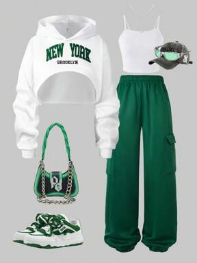 SHEIN Teen Girls 3Pcs Casual Thickened Set: Knit Letter Print Sweatshirt, Camisole And Cargo Pants, Autumn/Winter