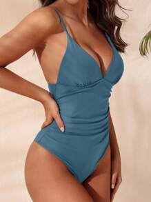 SHEIN Swim Solid Color Backless One-Piece Swimsuit, Suitable For Beach Vacation For Summer - Dusty Blue - View 4