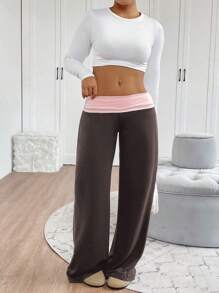 INAWLY Plus Size Contrast Color Elastic Waist Casual Straight Leg Pants
