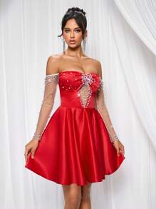 Lovelzi Elegant Luxurious Faux Pearl Beaded Ruffle Sheer Long Sleeve Big Hem Dress, Suitable For Wedding, Party, Holiday, Ball, Bridal Shower Gift, Bride - Red - View 3