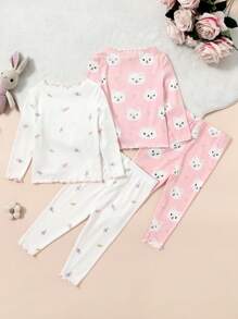 SHEIN 4pcs/Set Baby Girl Cute Cat Print Ruffle Trim Crew Neck Long Sleeve Top And Long Pants Soft And Comfy Pajamas Set
