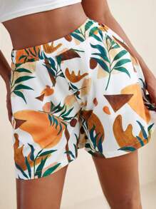 EBIB Blossom Drift Abstract Tropical Floral Printed Elastic Waist A-Line Shorts Women Vacation