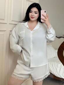 Dazy Plus Conjunto de pijama blanco de manga larga holgado con contraste de encaje estilo camisa