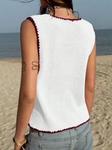 Jouncy Women's Single-Breasted Crew Neck Sleeveless Casual Knit Top - White - View 2