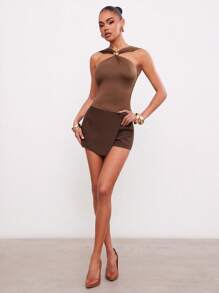 Hauture Women Halter Neck Ruched Brown Crop Top With Gold Ornament - Brown - View 5