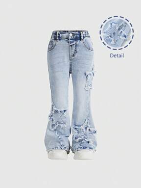 Young Girls' Fashionable Summer Embroidered Denim Flare Pants, School, Campus, College