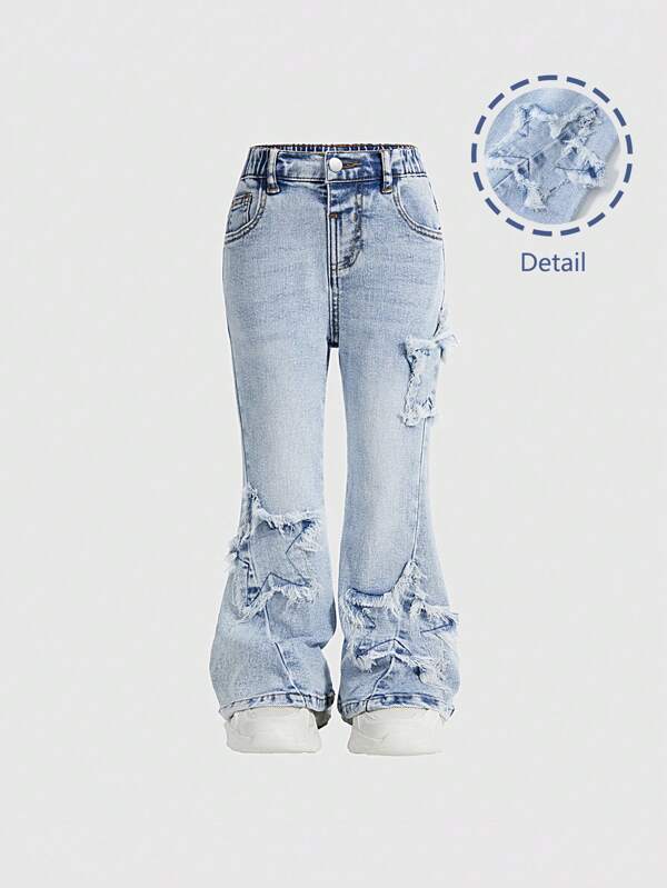 Young Girls' Fashionable Summer Embroidered Denim Flare Pants, School, Campus, College