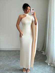 Breezaya Abito lungo elegante da donna monospalla attillato