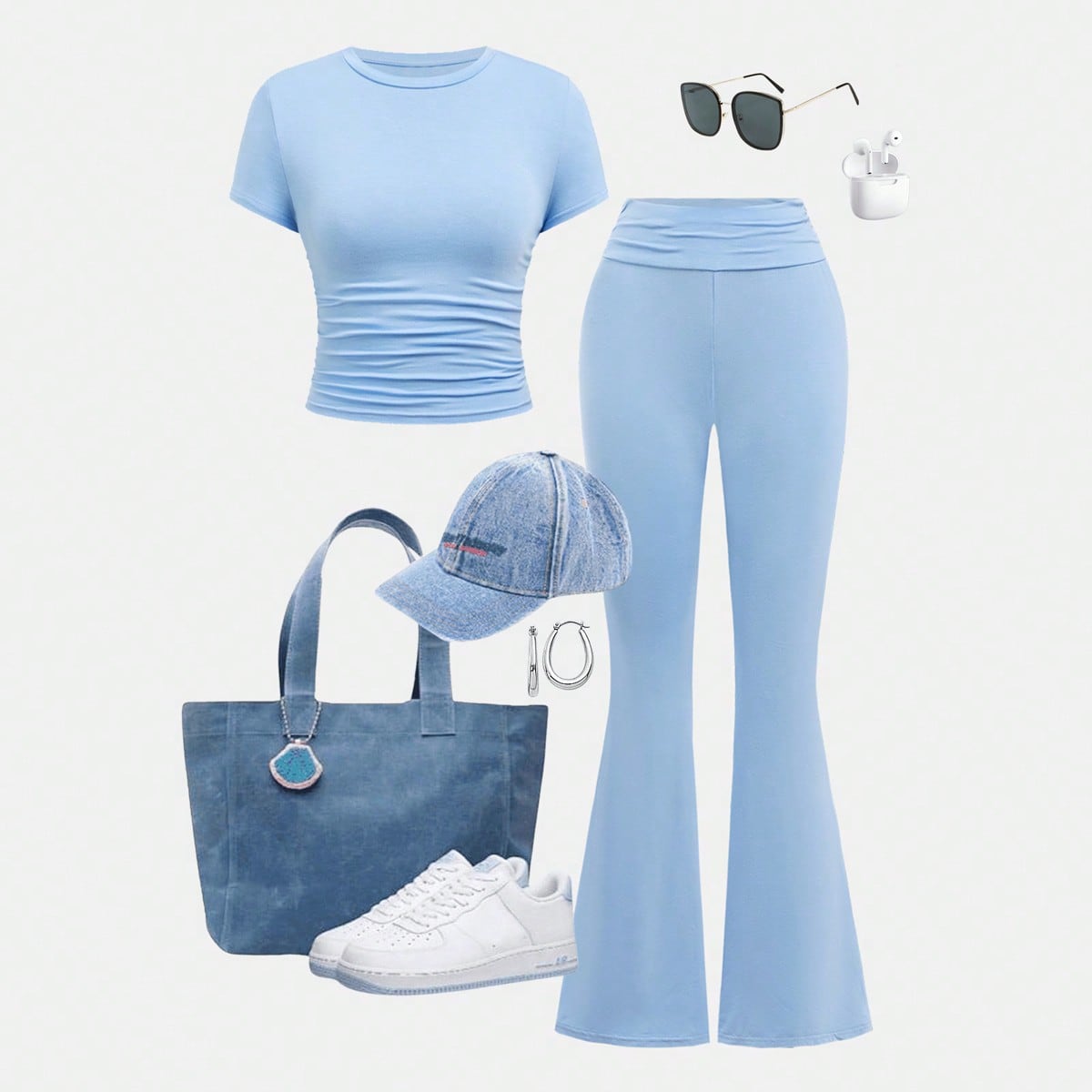 Conjunto de top de cuello redondo acanalado y pantalones acampanados con cintura fruncida, estilo casual y diario, para niñas preadolescentes en azul