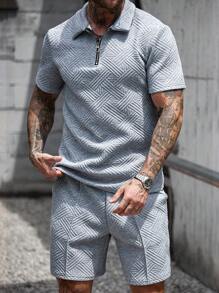 Manfinity Homme 男士时尚3D纹理休闲Polo衫套装休闲两件套男士男士两件套 - 灰色 - 查看 4