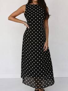 Almamuse New Polka Dot Print Elegant Round Neck Sleeveless Chiffon Dress - Black - View 5