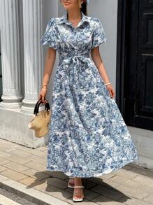 Pariaura Elegant French Style Turn-Down Collar Button Slim Fit Dress For Women - Multicolor - View 4