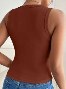 SHEIN VCAY Plus Size Casual Versatile Solid Color Tank Top - Mocha Brown - View 2