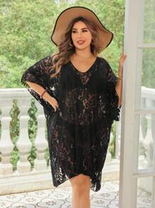 Swim Lushoire Plus Size Women Lace V-Neck Loose Fit Short Sleeve Beach Cover-Up - Black - View 1