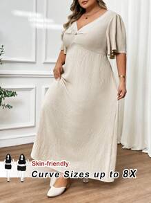 SHEIN CURVE+ Plus Size Casual Elegant V-Neck Cinched Waist A-Line Long Dress, Suitable For Holiday Graduation Dress/ Graduation Dresses For Women/ White Graduation Dress/ Graduation Outfit.,Summer Outfits For Womenbeach Outfits For Woman/Beach Dress/Beach Vacation Outfits/Beach Essentials / Graduation/Tea Party Dresssummer/Country/Beach Vacation Outfits/Beach Outfits/Beach Wear
