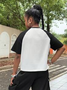 青少年女孩拼色插肩袖可爱猫咪印花短袖休闲 T 恤，返校季，母子装 - 黑與白 - 查看 6