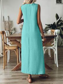 Breezaya 女式 V 领无袖纯色休闲宽松舒适连衣裙长款女装