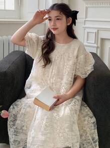 Hapijoa فستان بنات رقبة دائرية, أكمام قصيرة, طول متوسط, صيفي, للعودة للمدرسة