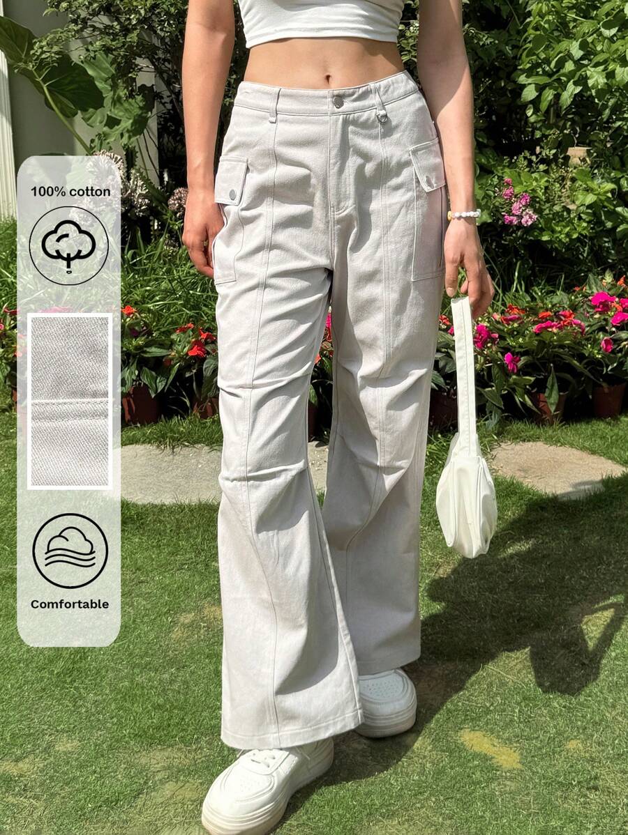 SHEIN EZwear Grey-Beige Cotton  Pocket Design Women's Straight Leg Low Waist  Pants, Fashionable & Suitable For Summer - Apricot - View 1