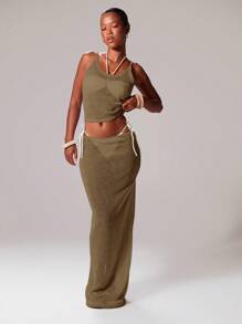 Musera Resort Áo hai dây dệt kim kiểu dáng Boho Ibiza, dễ thương và gợi cảm, thích hợp mặc ngoài trời cho kỳ nghỉ hè, đi biển, đồ bơi mùa xuân. - Màu Khaki - Xem 3