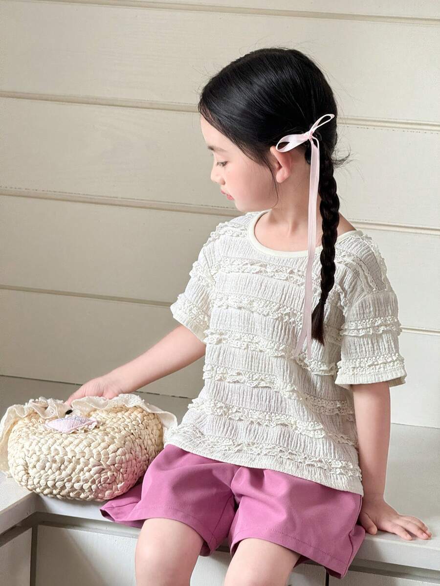 SHEIN 年轻女孩日常休闲纹理白色T恤和粉色短裤套装 - 彩色 - 查看 1