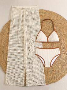 SHEIN Conjunto de 3 piezas de bikini con cuello halter y volantes para adolescentes, con pantalón largo tipo cover up, conjunto de playa de verano - Multicolor - Ver 3