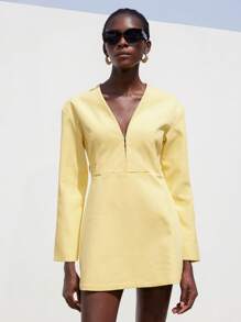 Aveloria Modichic Vestido holgado de manga larga, cuello en V, de ajuste ancho y elegante clásico, con cinturón, de color vibrante, estilo de oficina para mujer, para otoño