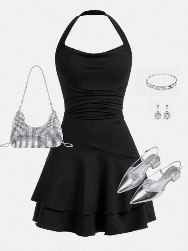 SHEIN Girlism Teen Girls' Knitting Hollow Out Halter Neck Belted Pleated Skater Dress Graduation Dress