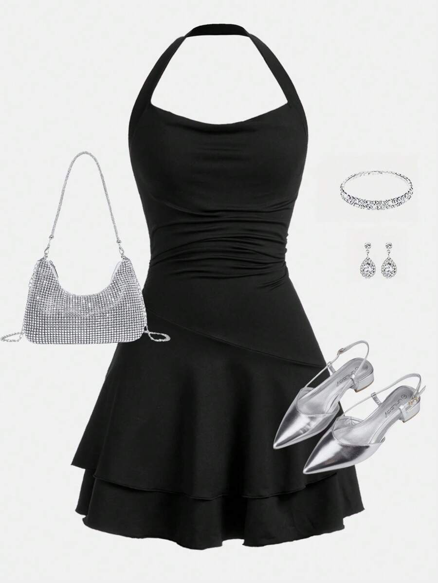 SHEIN Girlism Thiếu niên Cô gái Dệt kim Xu hướng: Cắt giảm Halter Neck Thắt lưng Xếp li Đầm trượt băng - màu đen - Xem 1