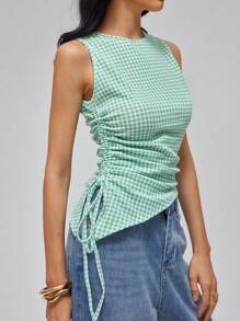 Elin Vora Top asimétrico de tirantes con fruncido y cordón para adelgazar, verano para mujer - Verde - Ver 4