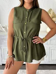 Celure Damen Bluse in Großen Größen, Frühling/Sommer Französischer Chic Eleganter Pendler Business Lässig Urlaub Einfarbig mit Stehkragen, Kordelzug in der Taille, A-Linie, offene Vorderseite mit Metalltasten, dekorative Fake-Taschen, ärmellosl