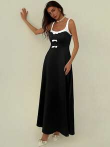 Aloruh Women's Elegant Color Contrast Bowknot Dress, Summer - Black - View 6
