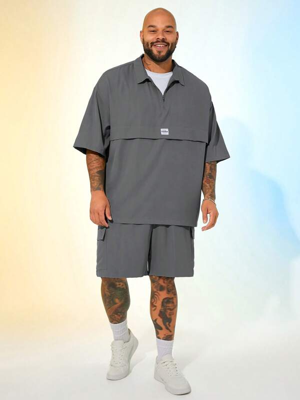 EASEVO 2pcs Plus Size Men's Casual Woven Loose Short Sleeve Shirt & Shorts Set