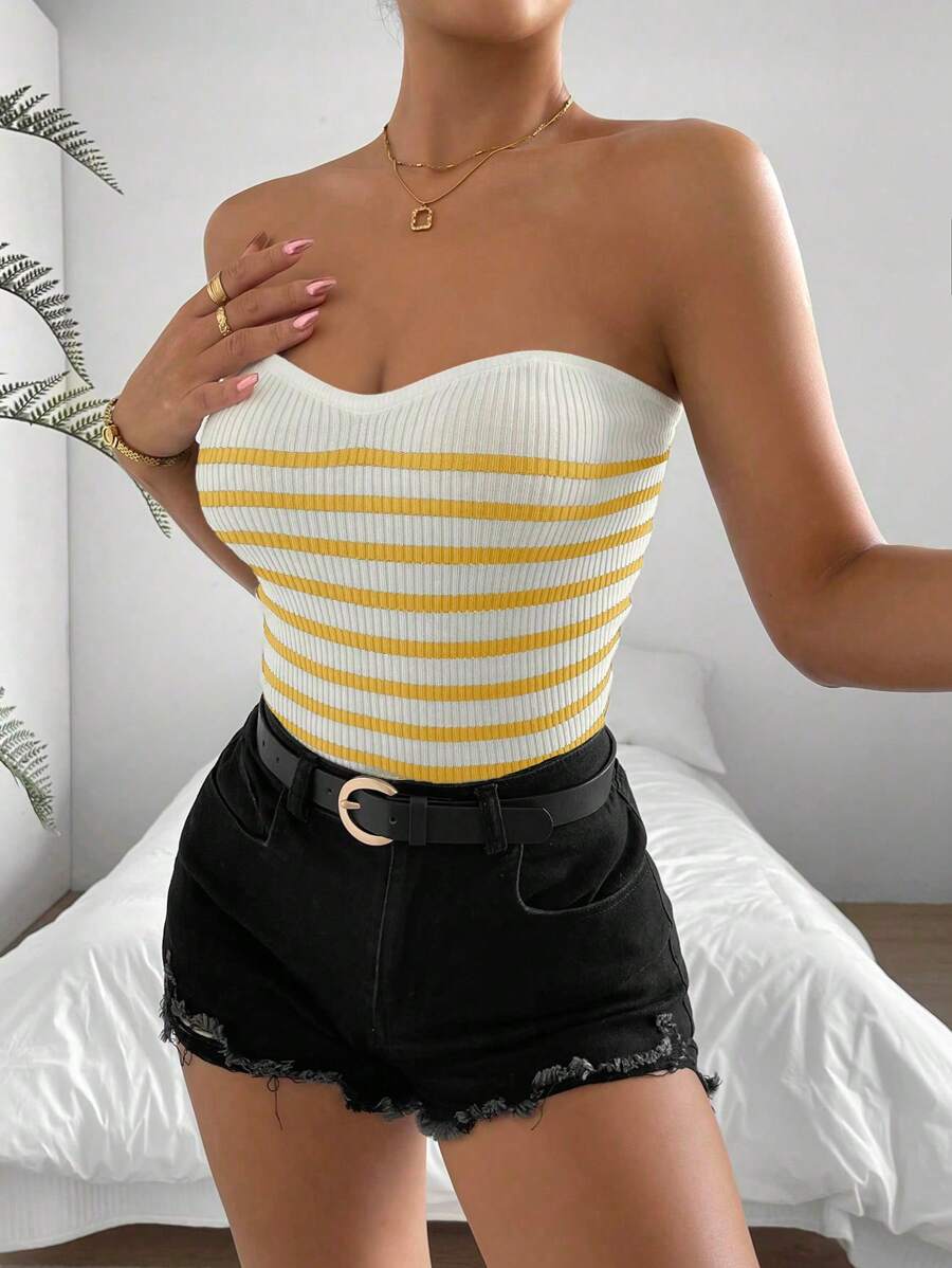 SHEIN Unity 黄色条纹抹胸针织上衣，简约风格女装 - 白色 - 查看 1