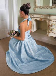 Glamine Charm 复古3D压花花卉V领无袖喇叭下摆女式连衣裙 - 藍色 - 查看 5