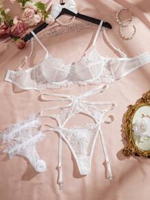 Floral Lace Underwire Garter Lingerie Set With Stockings Bridallingerie - White - View 1