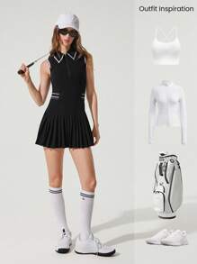 GLOWMODE Court To Club Colorblock Monochrome Design Pleated Dress Tennis Golf Pickleball Low Impact Daily Casual Wear