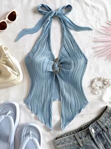 Soleia 休闲系带金属扣合身不对称下摆吊带背心 - 藍色 - 查看 6