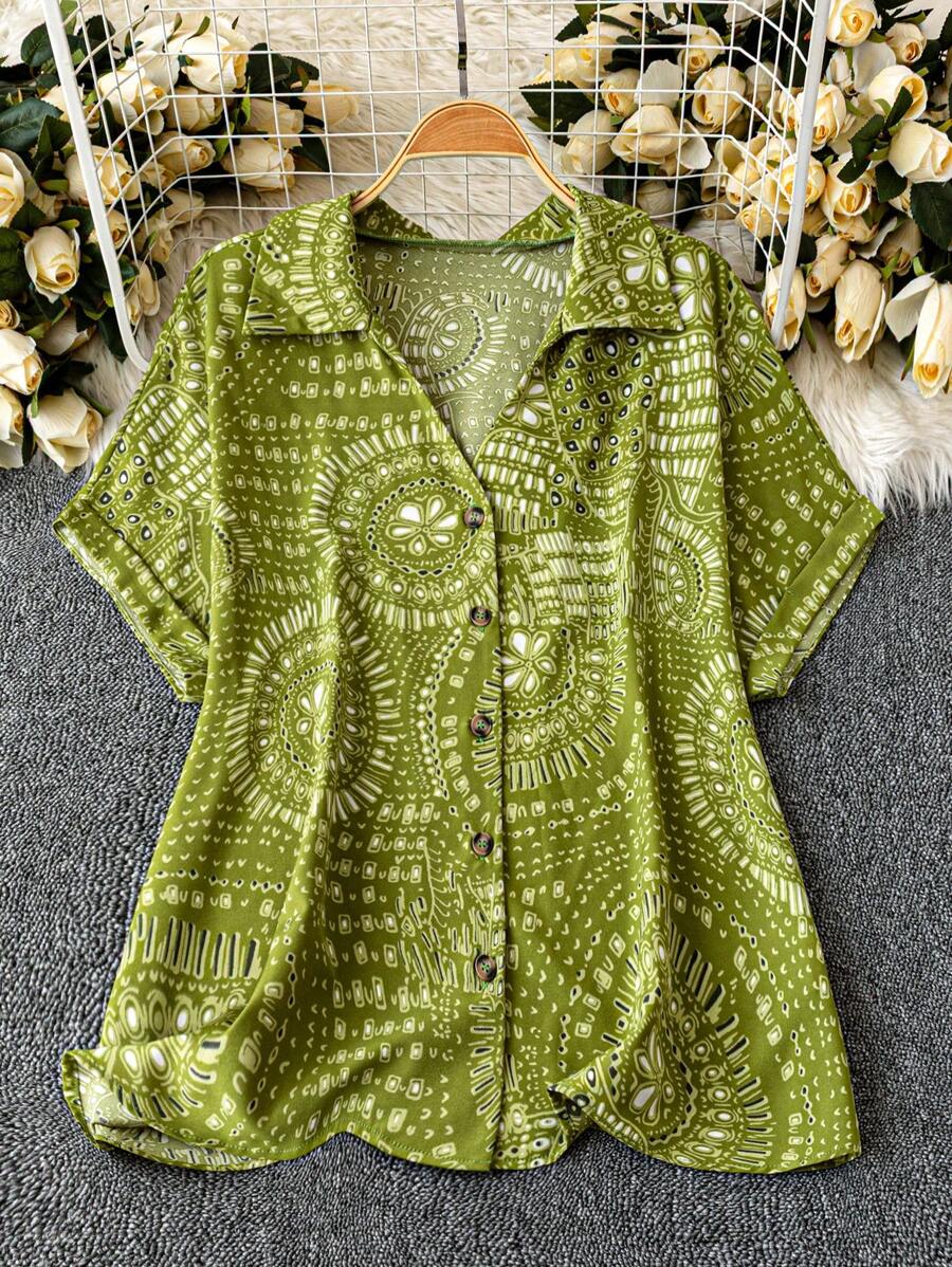 EMERY ROSE Áo sơ mi tay ngắn in hình học cỡ lớn cho nữ - Màu xanh Bạc hà - Xem 1